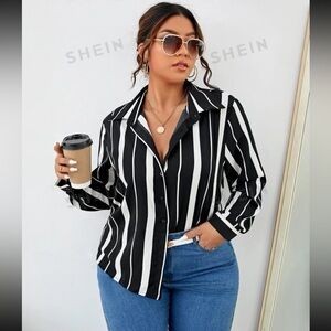 NEW SHEIN Clasi Plus Striped Button Front Shirt